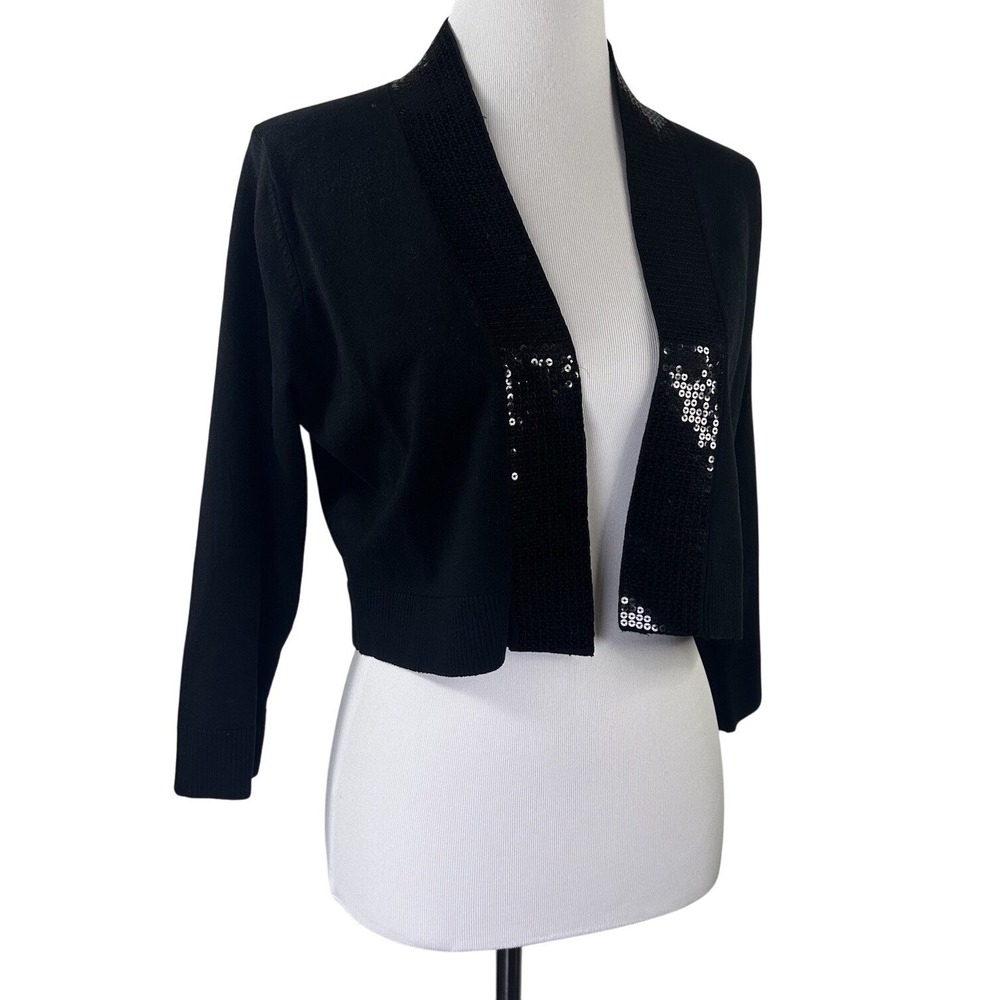Calvin Klein Cropped Sequin Cardigan‎ 3/4 Sleeve Black Sweater Open Womens M